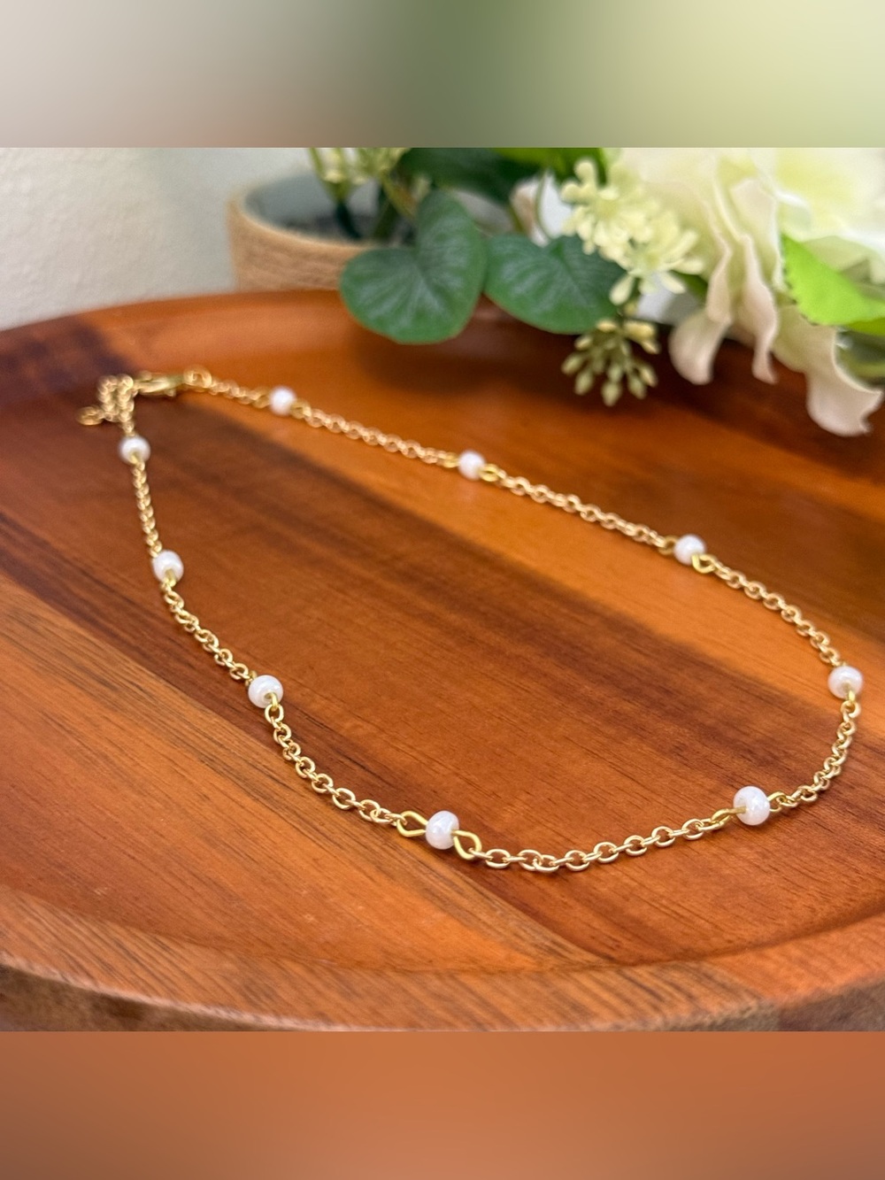 Gold Pearl Station Chain Choker Necklace - Elegant Women Jewelry